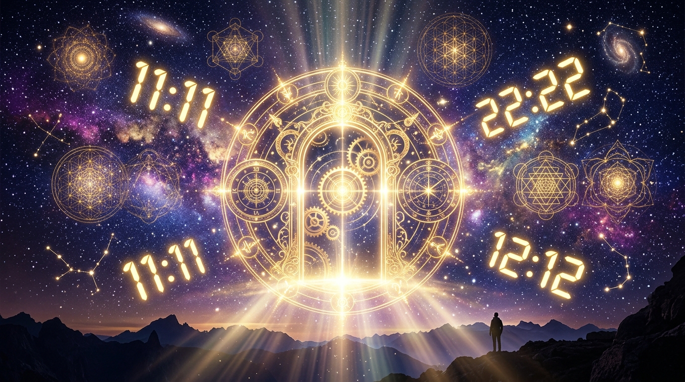 Portal cósmico con números sagrados 11:11, 22:22 y 12:12 flotando en el firmamento estrellado
