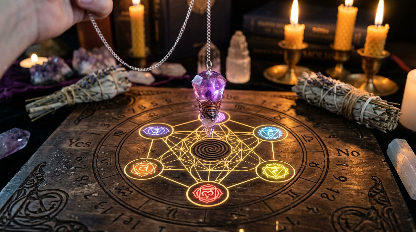 Péndulo de amatista y orgonita suspendido sobre gráfico sagrado de radiestesia con símbolos de chakras y velas