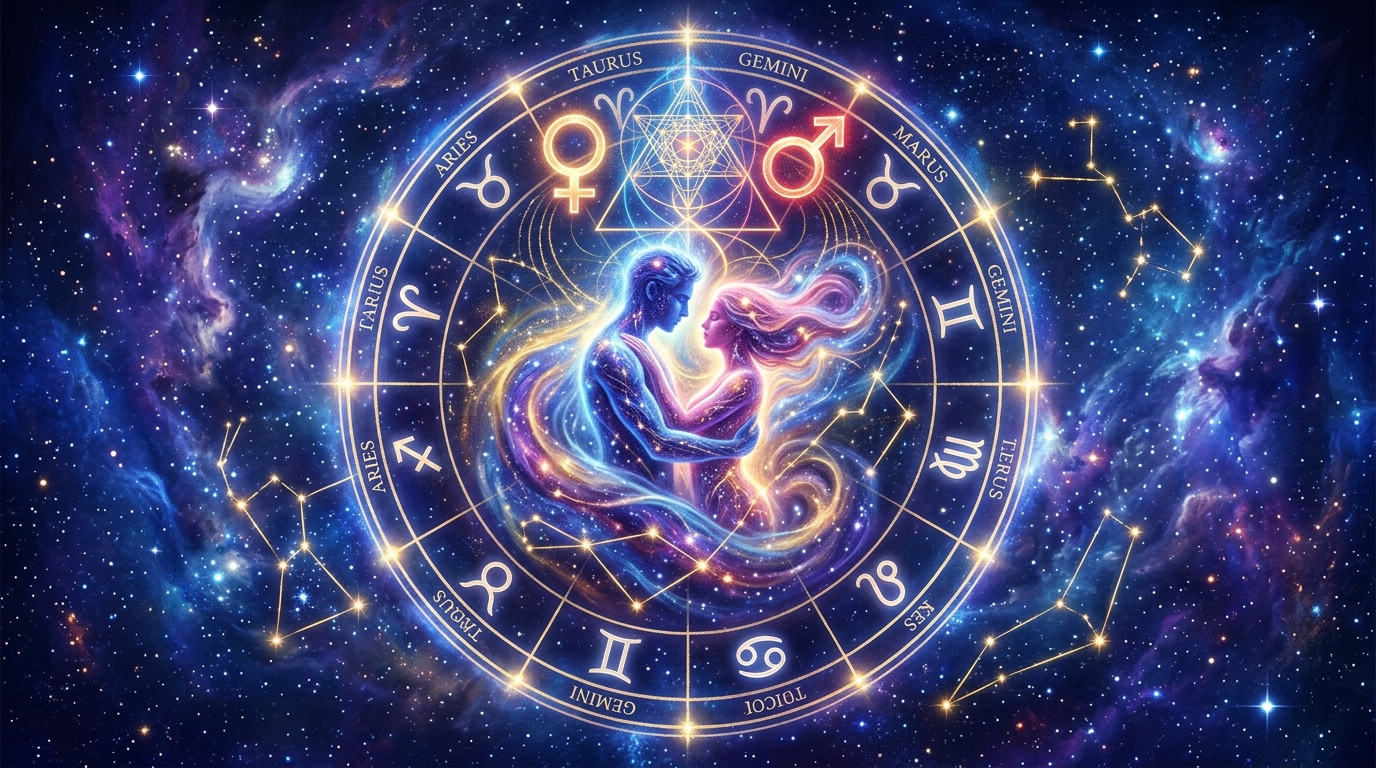 Dos siluetas celestiales mirándose rodeadas por constelaciones del zodiaco y órbitas cósmicas