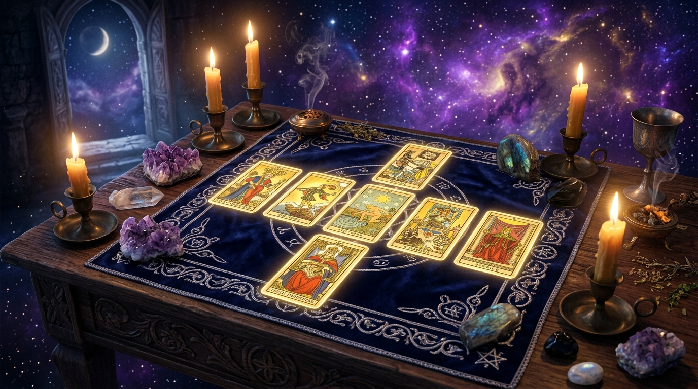 Tirada de la Cruz Celta con cartas de tarot doradas y velas sagradas sobre tapete de terciopelo